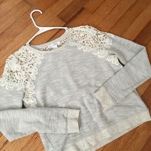 Grey Sweater with Crochet Lace Appliqués Cream S